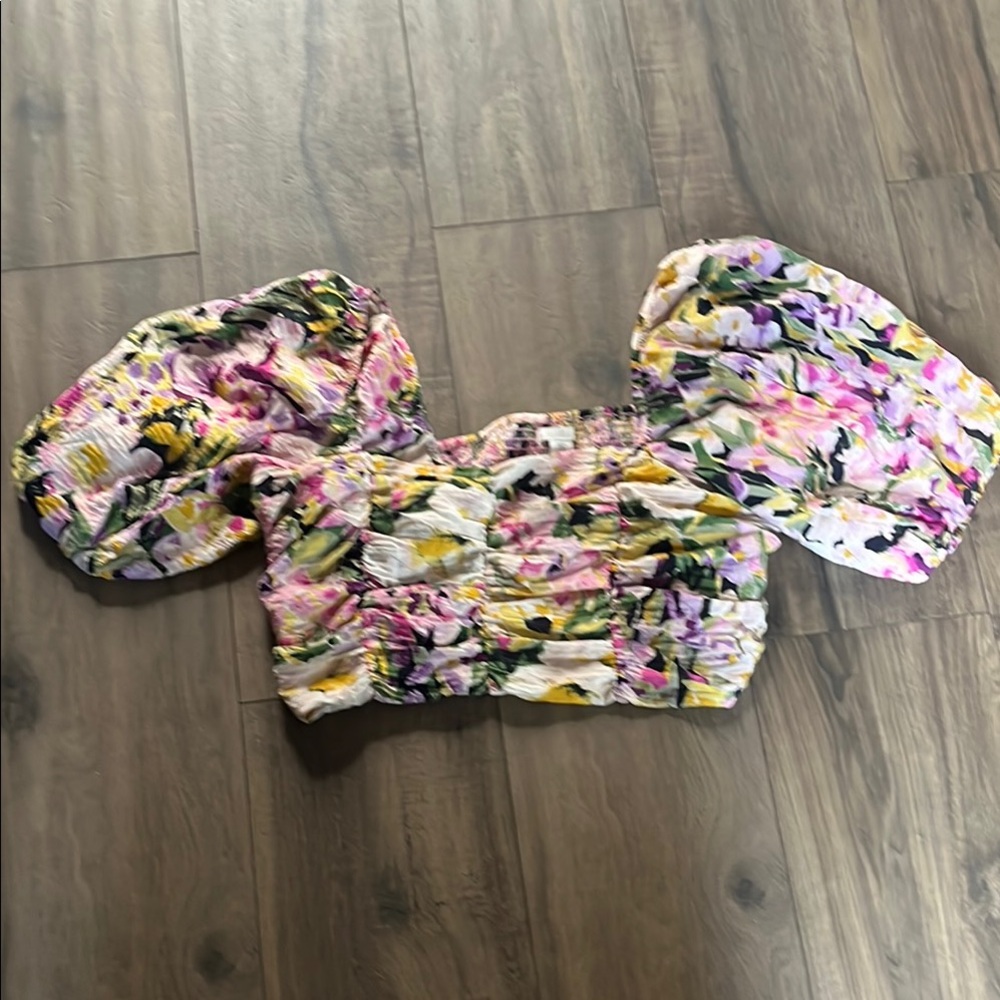 H&M Floral Puff Sleeve Crop Top - Multicolor